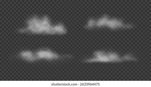 Set of white realistic floating clouds, fog, smoke. Vector illustration. 3d cotton clouds, mist or haze isolated on transparent background