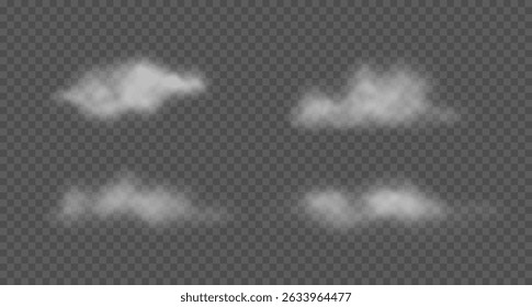 Set of white realistic floating clouds, fog, smoke. Vector illustration. 3d cotton clouds, mist or haze isolated on transparent background