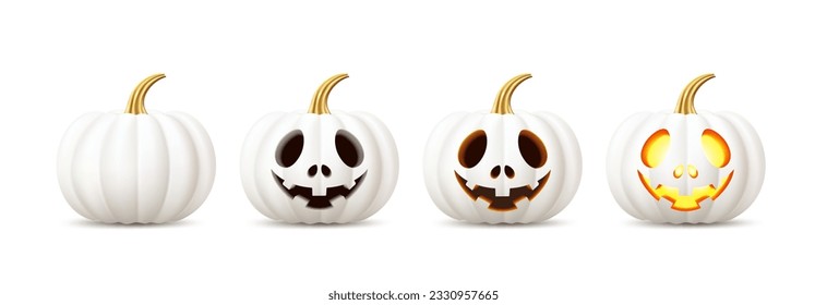 Set of white realistic holiday halloween pumpkins with joyful smiling emotions, jack o lanterns for party.