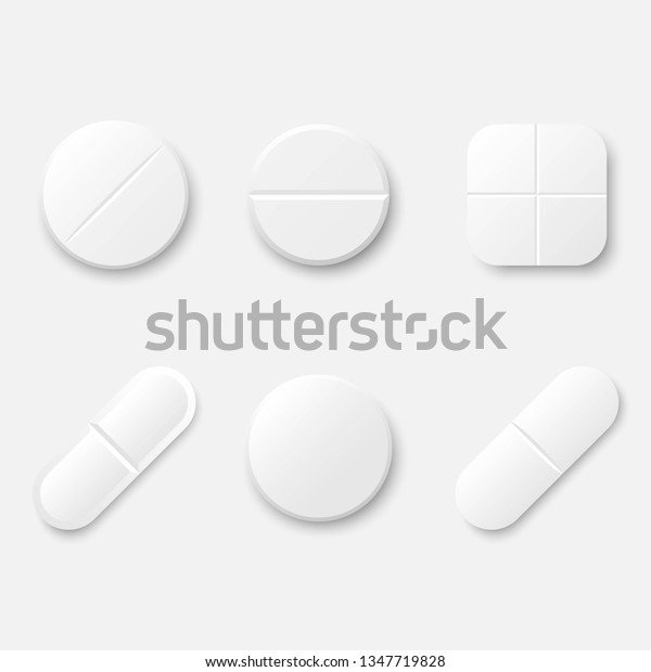 白い写実的な薬のセット 丸く卵形の錠剤 鎮痛剤 抗生物質 ビタミン アスピリン 薬と薬 医療と医療のコンセプトに合ったテンプレートデザイン ベクター イラスト のベクター画像素材 ロイヤリティフリー
