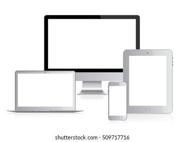 Set Of White Realistic Modern Monitor, Laptop, Computer, Phone, Tablet Isolated On White Background. Mock Up Vector Illustration