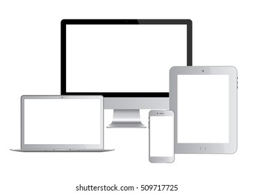 Set Of White Realistic Modern Monitor, Laptop, Computer, Phone, Tablet Isolated On White Background. Mock Up Vector Illustration