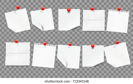 Set of white realistic notes with red pins on gray transparent background. Ready for your design.