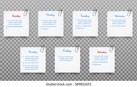 Set of White realistic Paper Sticker Note Memo vector with shadow, clip, text,  ready for your message isolated on transparent background.