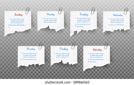 Set of White realistic Paper Sticker Note Memo vector with shadow, clip, text,  ready for your message isolated on transparent background.