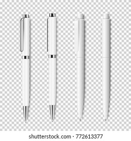 Set of white realistic pen on transparent background.Vector elements of corporate identity, branding stationery templates. Mockup ready for design