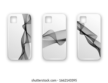 Set of white realistic phone case with smoke wave. Vector template of smart phone back view mockup on isolated background