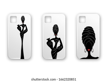 Set of white realistic phone case with portrait African woman. Vector template of smart phone back view mockup on isolated background