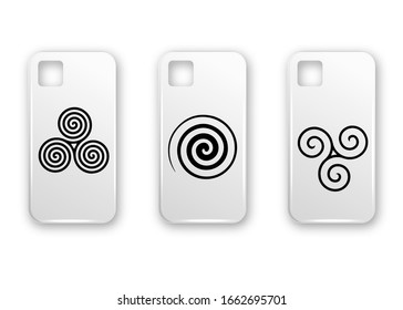 Set of white realistic phone case with geometric wiccan symbol. Vector template of smart phone back view mockup on isolated background