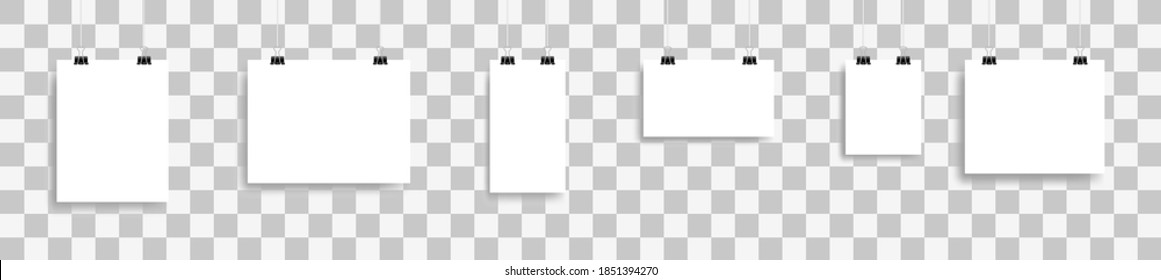 Set of white realistic poster hanging, poster mockup on isolated background vector illustration
