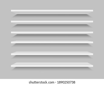 Set of white realistic shelves. 3d empty store shelf. Wall showcases. Supermarket retail shelves. Plastic shelving. Mock up bookshelf front view. Stand of a store.