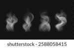 Set of white realistic smoke waves and clouds. Vector illustration. Steam, haze, fog over water, bbq, hot drinks, food.