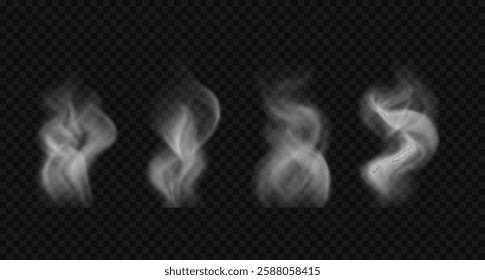 Set of white realistic smoke waves and clouds. Vector illustration. Steam, haze, fog over water, bbq, hot drinks, food.