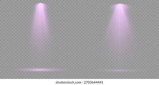 Set white realistic spotlight beams resembling overhead lamps and projector lights with soft glow and light rays on a transparent background. Spotlight purple illustration for layouts. Violet rays.