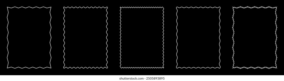 Set of white rectangle frames with wavy edges. Rectangular zigzag frames. Rectangular shapes with wiggly wiggly. Picture or photo frames, empty text boxes, tags, labels isolated on black background.	