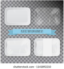 Set of White Rectangle Styrofoam Plastic Food Tray Container. Vector Mock Up Template for your design