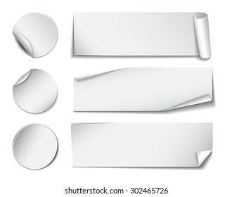 Set of white rectangular and round promotional paper stickers on white background. Vector illustration