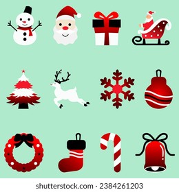 Set of white, red, black Christmas decorations. Design elements for greeting card or invitation. Vector illustration