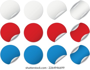  set of white, red and blue round sticker banners - vector design elements