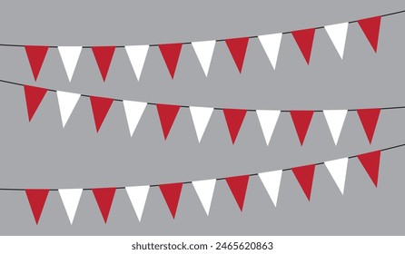 A set of white and red carnival garlands. Pennants, triangular flags, birthday decorations.