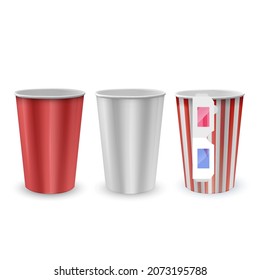 Set of White, Red Glossy Paper Bucket For Take Away Fast Food, vector format