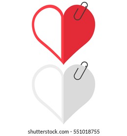 a set of white and red heart. Valentine card with a paper clip. isolation on a white background. vector illustration
