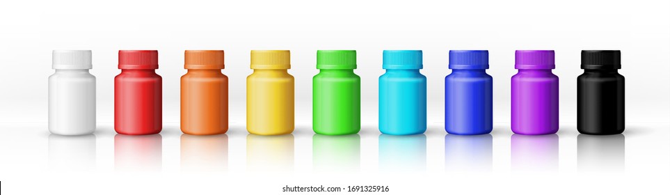 A set of white, red, orange, yellow, green, cyan, blue, violet and black plastic bottles for any paint products and tools. Items isolated on a white background. Object, shadow and reflection on