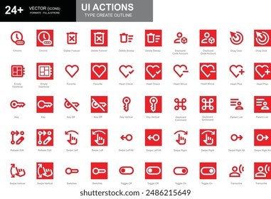 Set of white and red outline style UI action icons including chronic, favorite, key, toggle on, and more