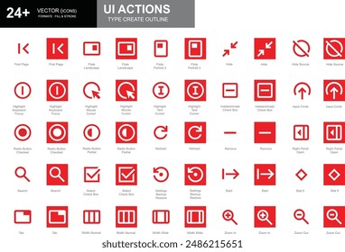Conjunto de iconos de acción de la interfaz de usuario de estilo de esquema blanco y rojo, incluidos la primera página, quitar, iniciar, acercar y más