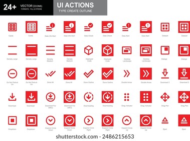 Set of white and red outline style UI action icons including cards, dialogs, download, and more