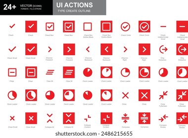 Set of white and red outline style UI action icons including check, chips, close small, and more