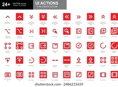 Set of white and red outline style UI action icons including last page, left click, output, and more