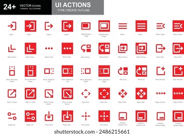 Set of white and red outline style UI action icons including login, logout, move down, open with, and more