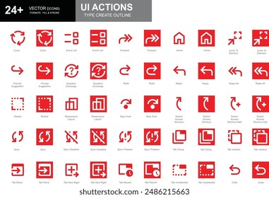 Set of white and red outline style UI action icons including cycle, resize, redo, and more