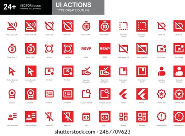 Set of white and red outline style UI action icons including pin end, problem, flutter, keep off, and more