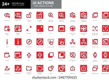 Set of white and red outline style UI action icons including circle ext, draft orders, shadow, and more