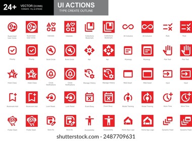 Conjunto de iconos de acción de la interfaz de usuario de estilo de contorno blanco y rojo que incluyen prioridad, intereses, herramienta de panorámica, regla y más