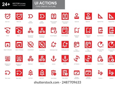 Conjunto de iconos de acción de la interfaz de usuario de estilo de contorno blanco y rojo que incluyen alarma activada, deslizar, Aprobación, anclaje y más