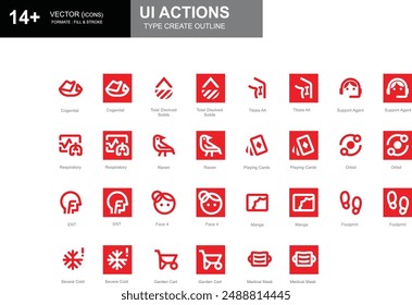 Set of white and red outline style Social UI action icons including support agent, manga, footprint, and more