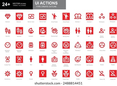 Set of white and red outline style Social UI action icons including diamond, waving hand, man, female, and more