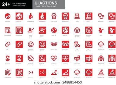 Set of white and red outline style Social UI action icons including globe Asia, chess, taunt, pill, emoticon, and more