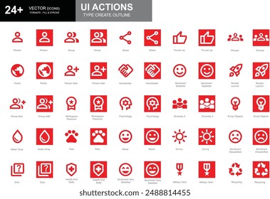 Set of white and red outline style Social UI action icons including person, group, pets, mood, public, and more