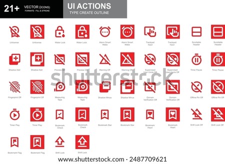 Set of white and red outline style UI action icons including preview off, warning off, timer play, and more