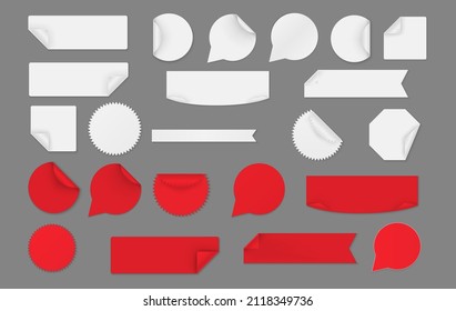 Set of white and red paper stickers on grey background.