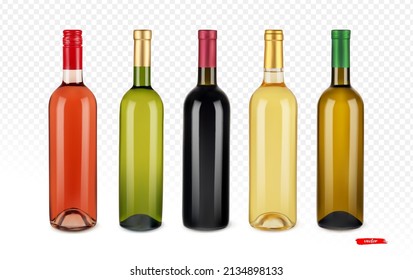 Set of white, red and pink wine bottles. Realistic vector illustration Wine bottles on transparent background.