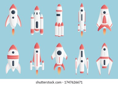 A set of white and red rockets. Vector illustration. Isolated.