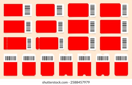 Set of white and red ticket mockups with bar codes, ruffle edges and shadows. Empty template. Concert, movie or theater ticket. Boarding blank, lottery, sale coupon	