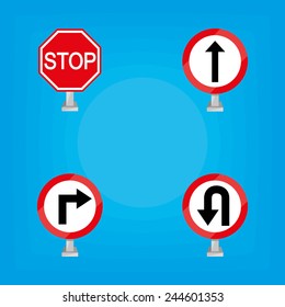 a set of white and red traffic signals on a blue background