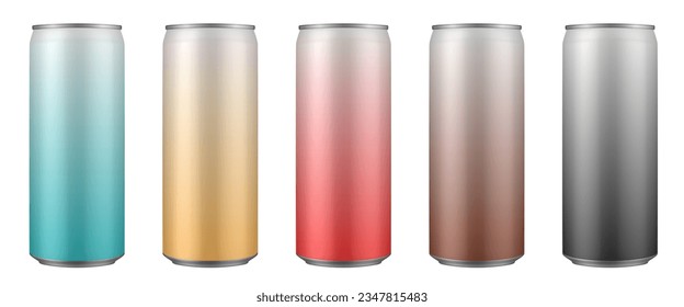 Set of white, red, yellow, green, brown and black tin cans of energy drink, juice or soda. Cocktail of fitness drink. Cold beverages. Gradient colors