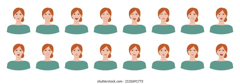 Conjunto de emociones de mujeres blancas de cabello rojo. Variaciones de expresiones faciales femeninas. Sonreír, feliz, alegre, sorprendida, triste, insatisfecha, airada, enojada, aterrorizada emoción. Carácter vector plano.